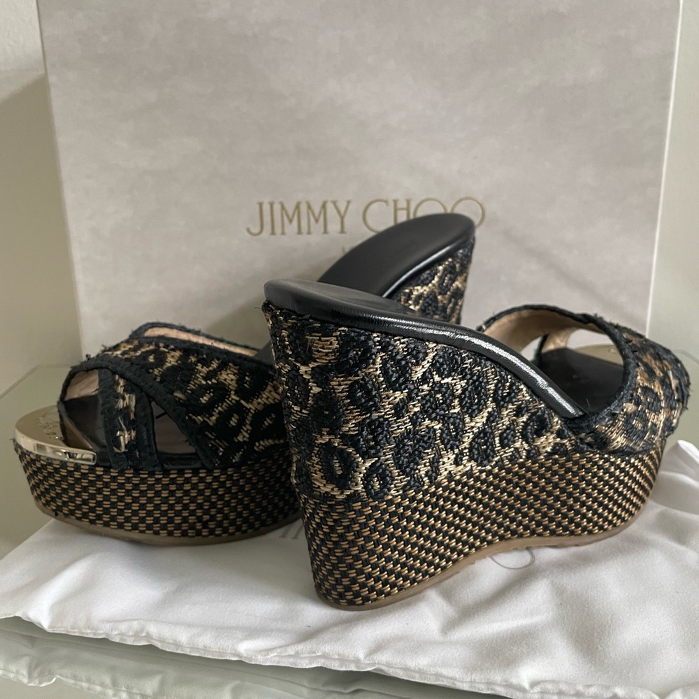 JIMMY CHOO 151 PERFUME WOVEN RAFFIA MIX BLK/NATUF sz 35/5 LEOPARD BOX/BAG